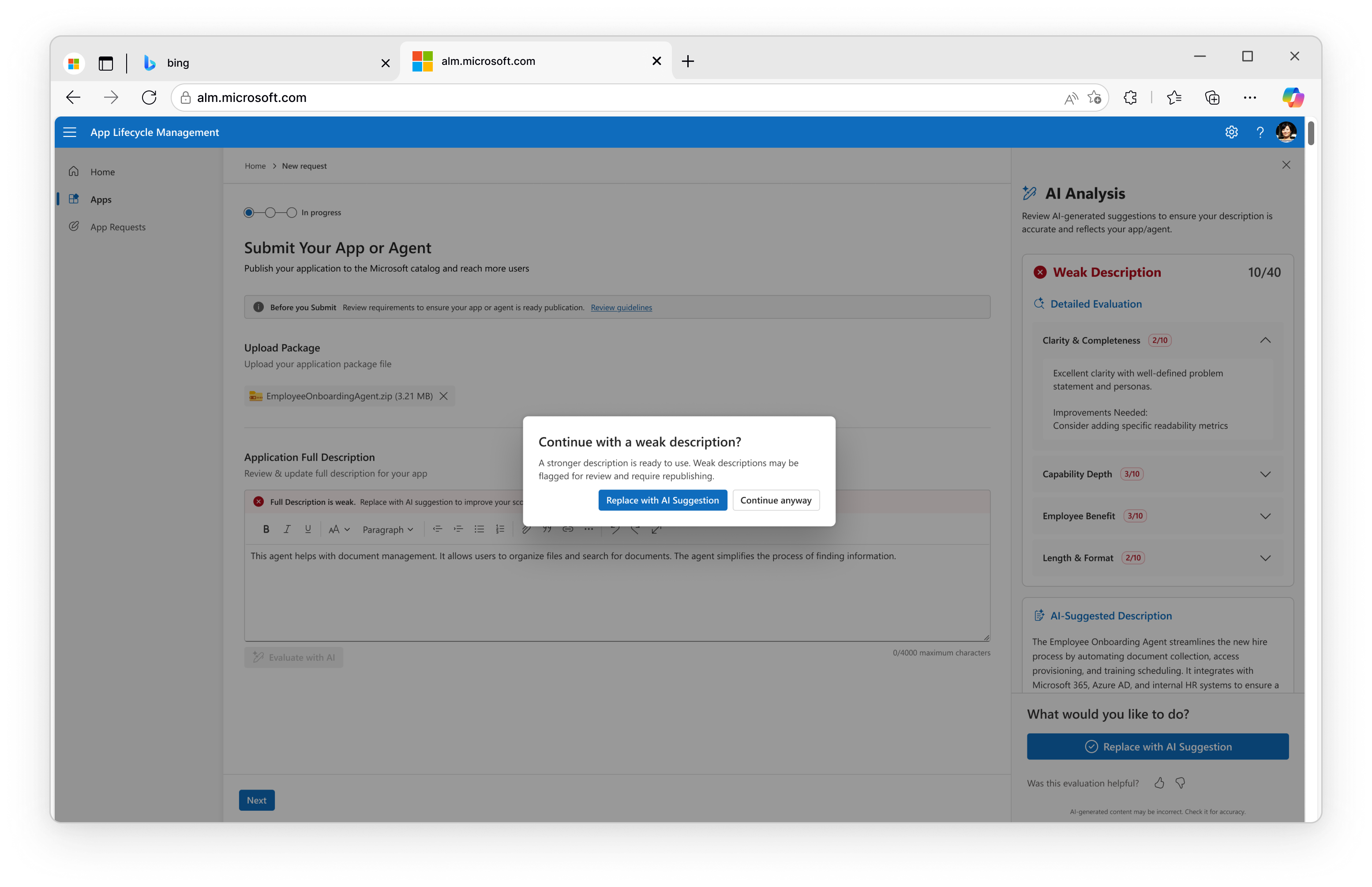 Submit Your App or Agent, with the AI Analysis panel scoring a weak description