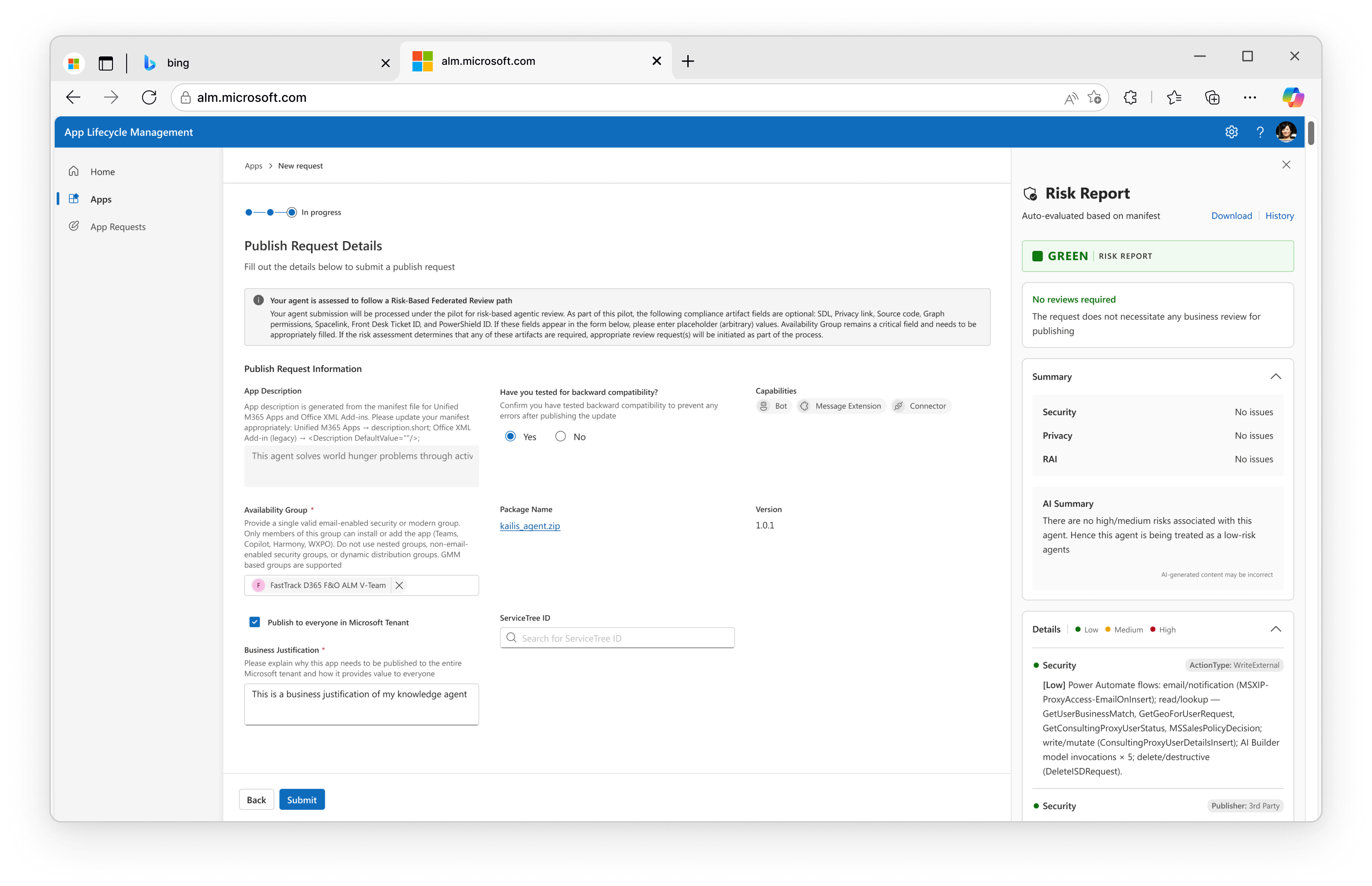 Publish Request Details beside a green Risk Report auto-evaluated from the manifest