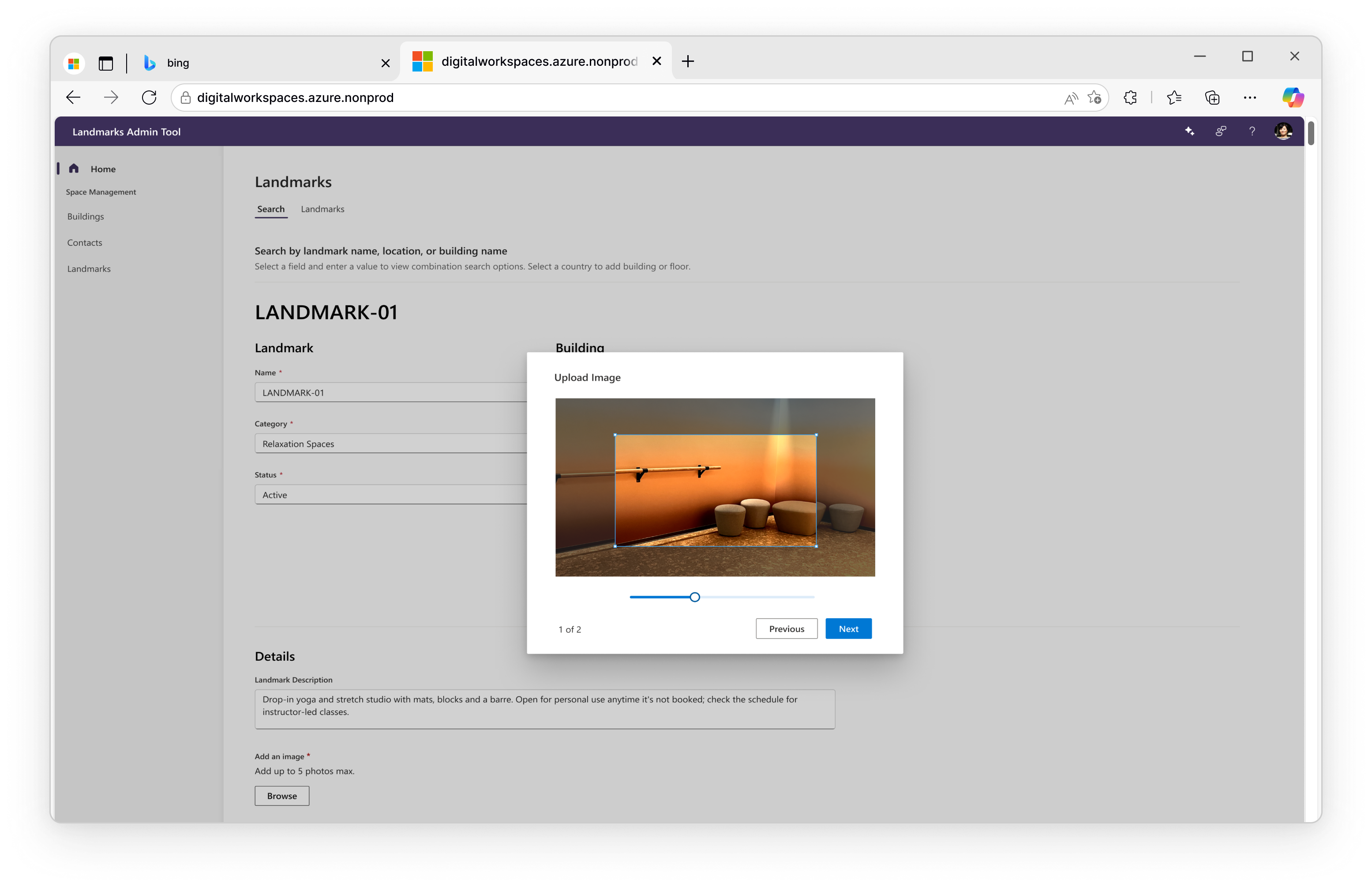 Landmarks Admin Tool: a landmark record with category, status, description, photos and hours of operation