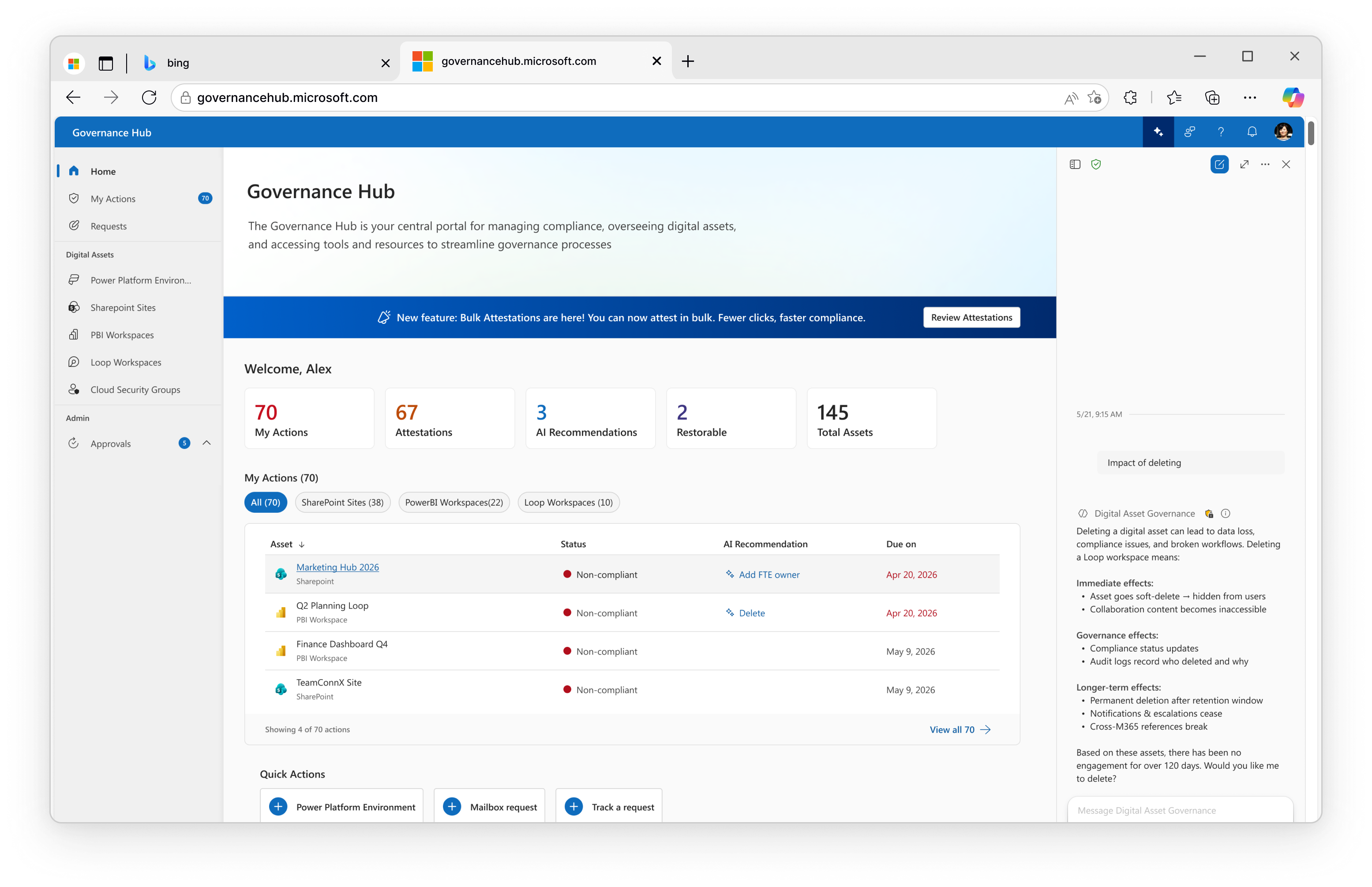 Governance Hub home in the browser, with the Digital Asset Governance drawer open