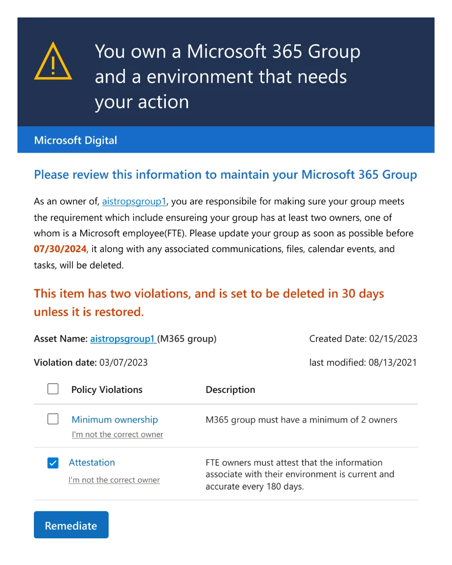The old alert: one asset, its policy violations and a deletion deadline